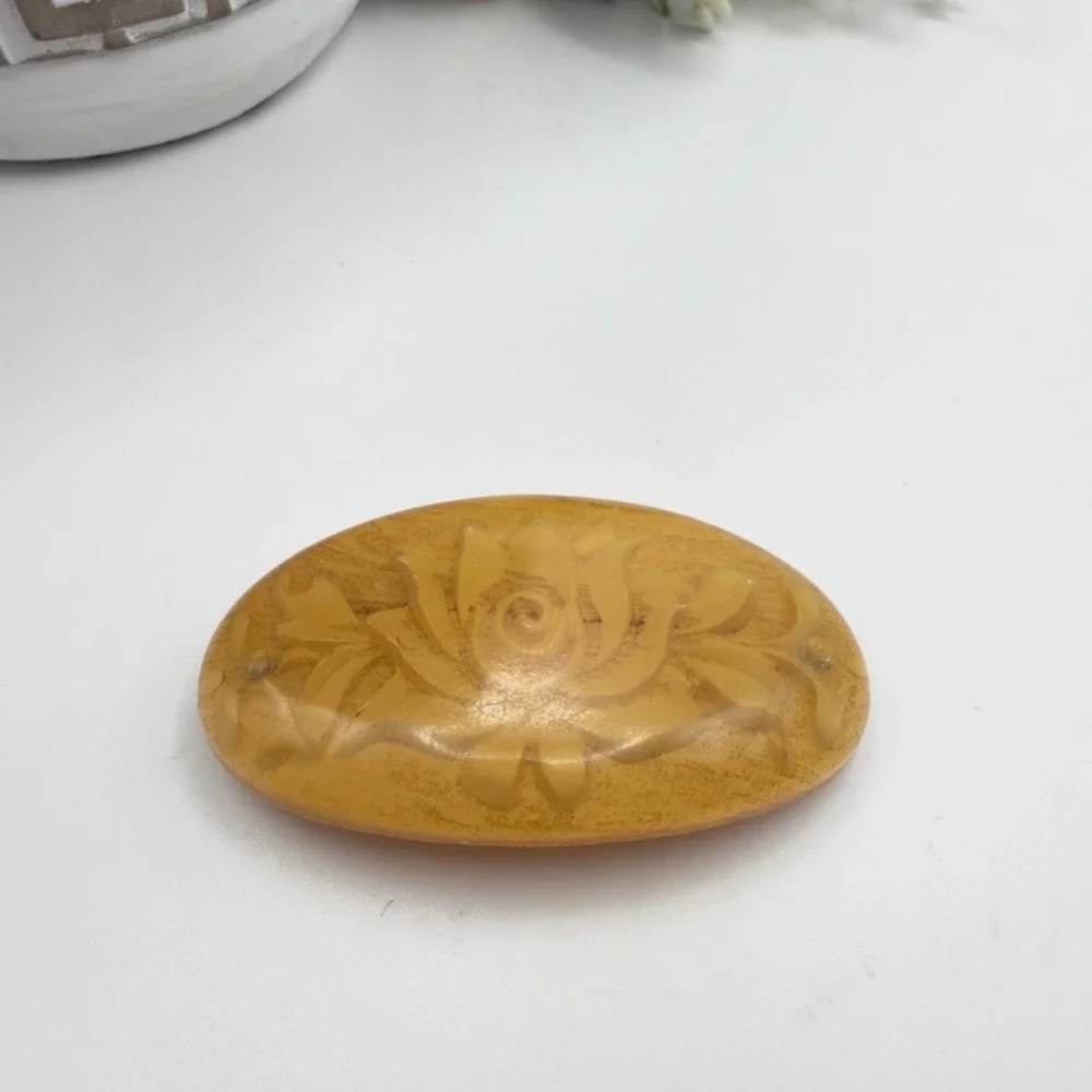 Vintage Barrette MCM Butterscotch Amber Reverse Carved Rose Floral Hair Clip